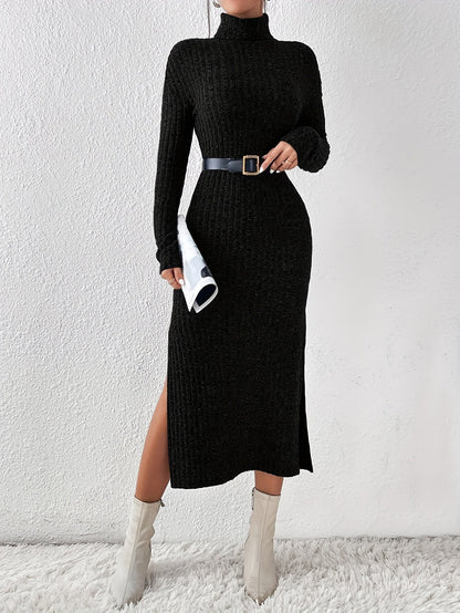Robe pull longue moulante femme col montant fendue