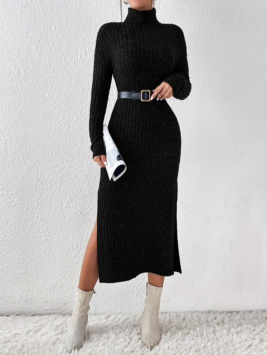 Robe pull longue moulante femme col montant fendue