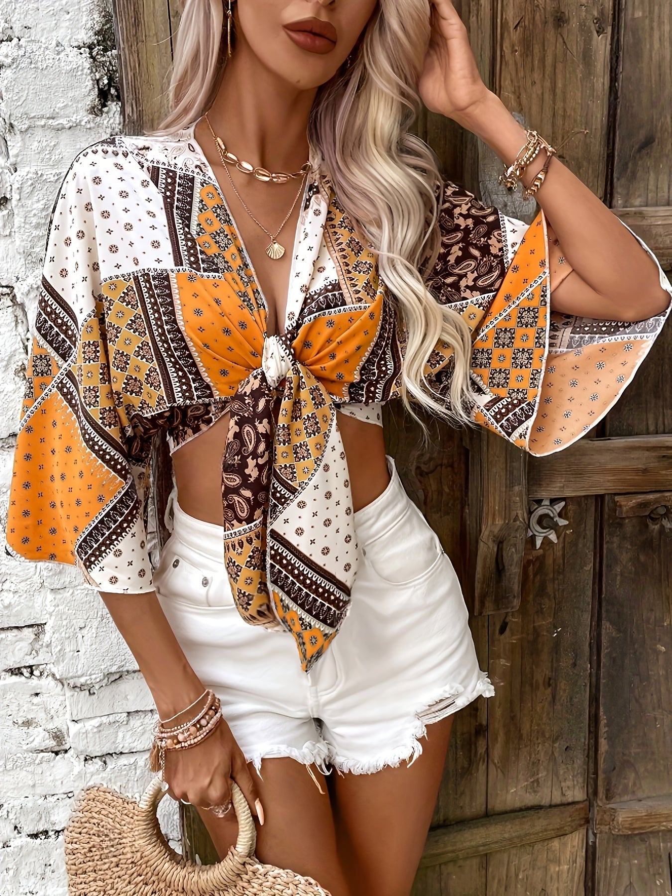 Top bohème femme noué à l’avant manches larges imprimé foulard