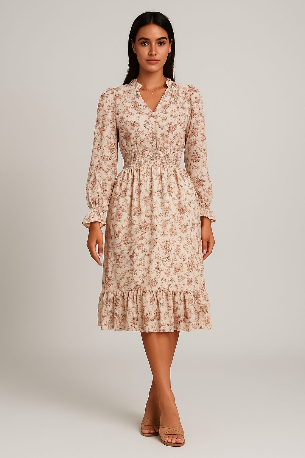 Robe mi-longue florale manches longues femme