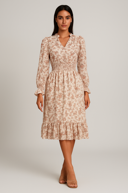 Robe mi-longue florale manches longues femme