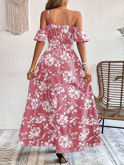 Robe longue fleurie à bretelles et épaules dénudées