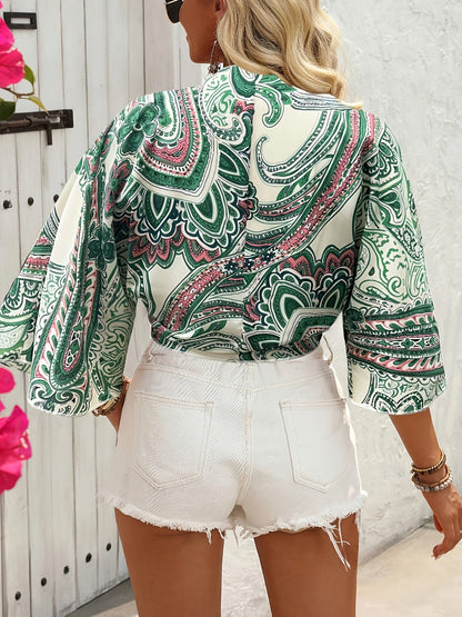 Top bohème femme noué à l’avant manches larges imprimé foulard