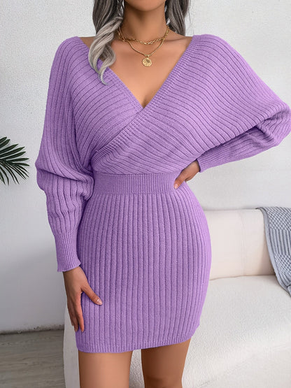 Robe pull moulante hiver femme col cache-cœur manches longues