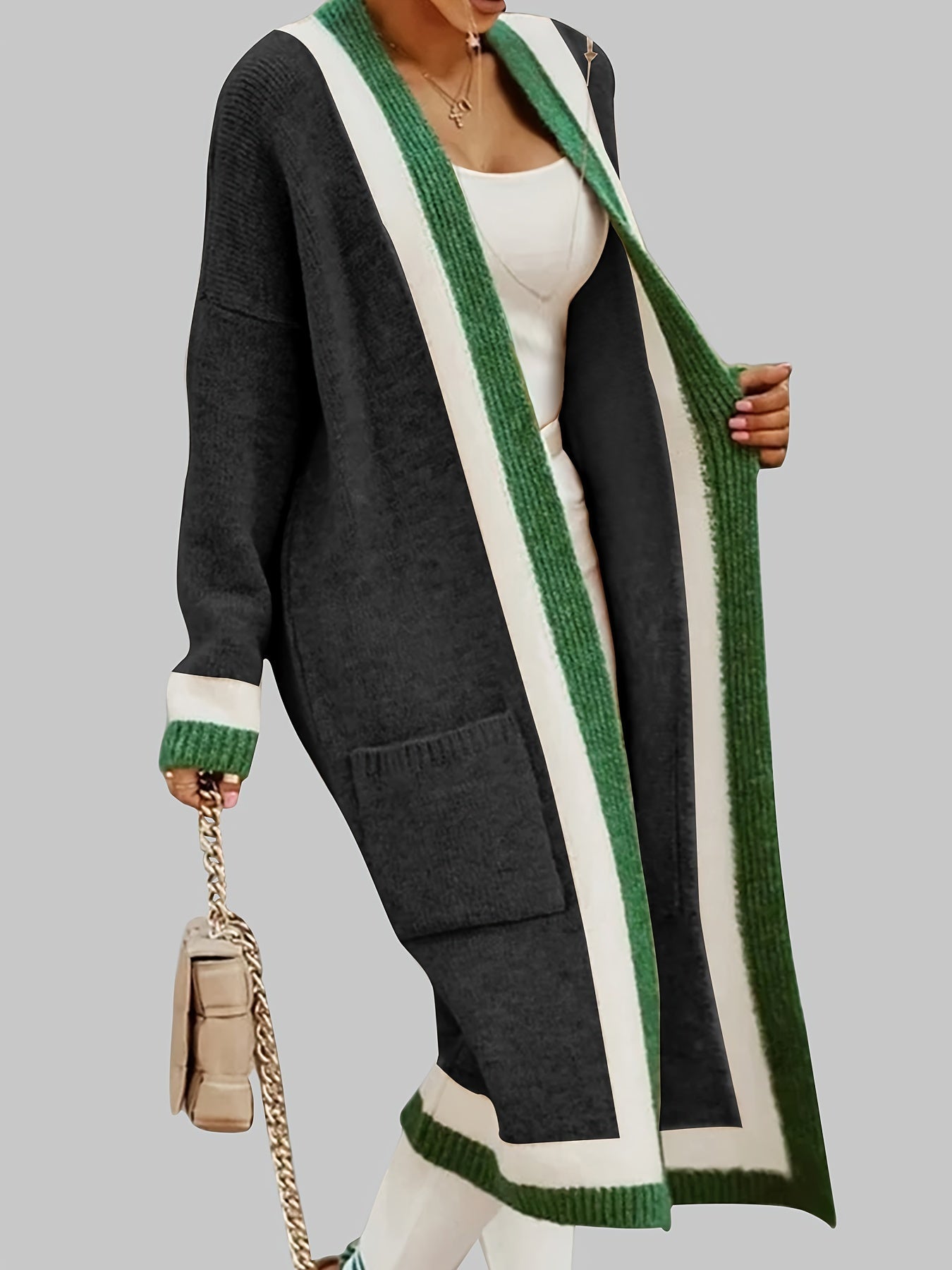 Gilet long chaud femme maille épaisse avec poches