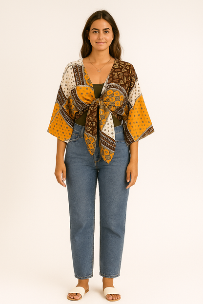 Top bohème femme noué à l’avant manches larges imprimé foulard