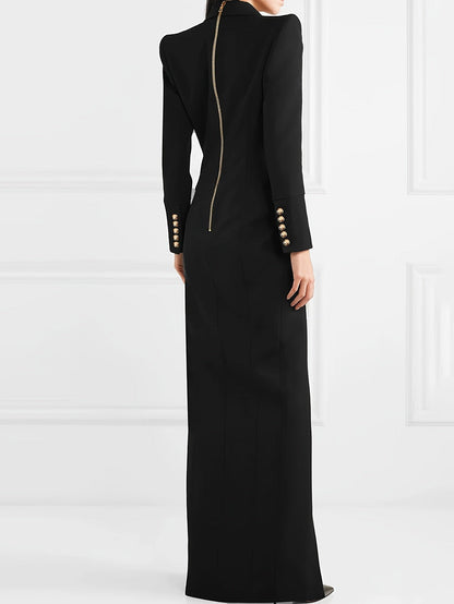Robe blazer longue femme élégante avec fente et boutons dorés