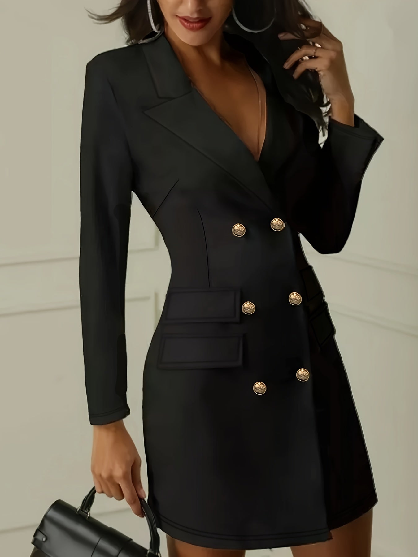 Robe blazer noire femme à boutons dorés chic