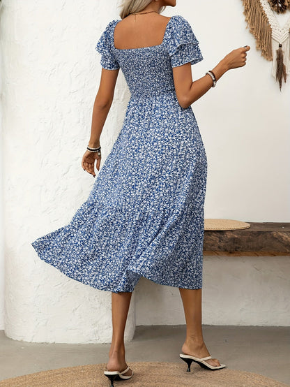 Robe mi-longue fleurie smockée – Vert émeraude