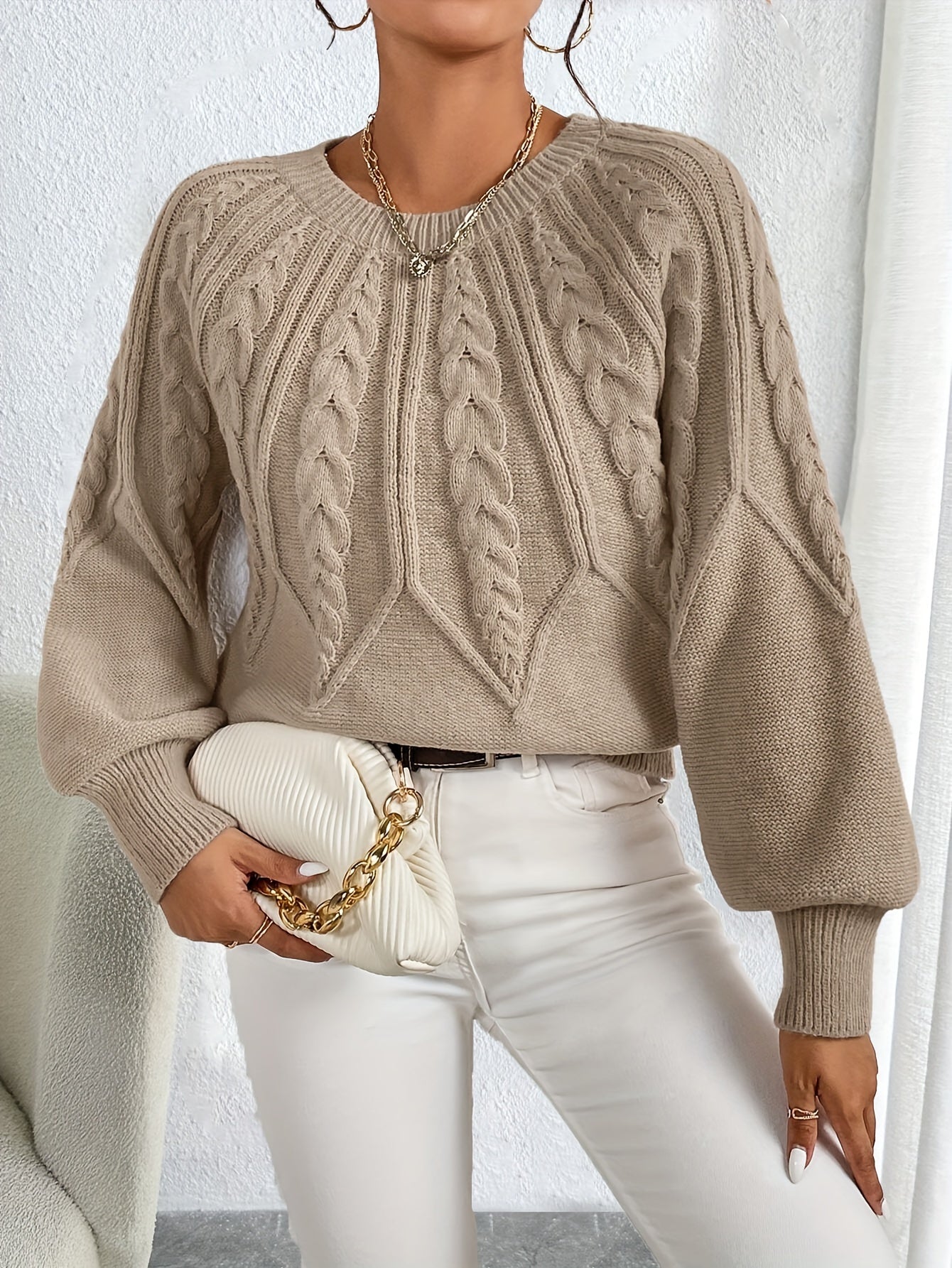 Pull chaud femme maille torsadée manches ballon hiver élégant