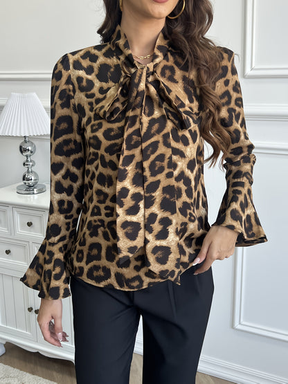 Blouse imprimé léopard femme col lavallière manches longues