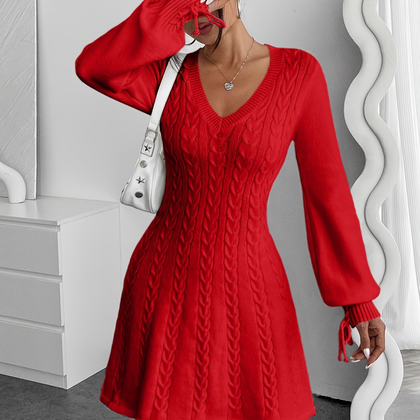 Robe pull hiver femme col V maille torsadée