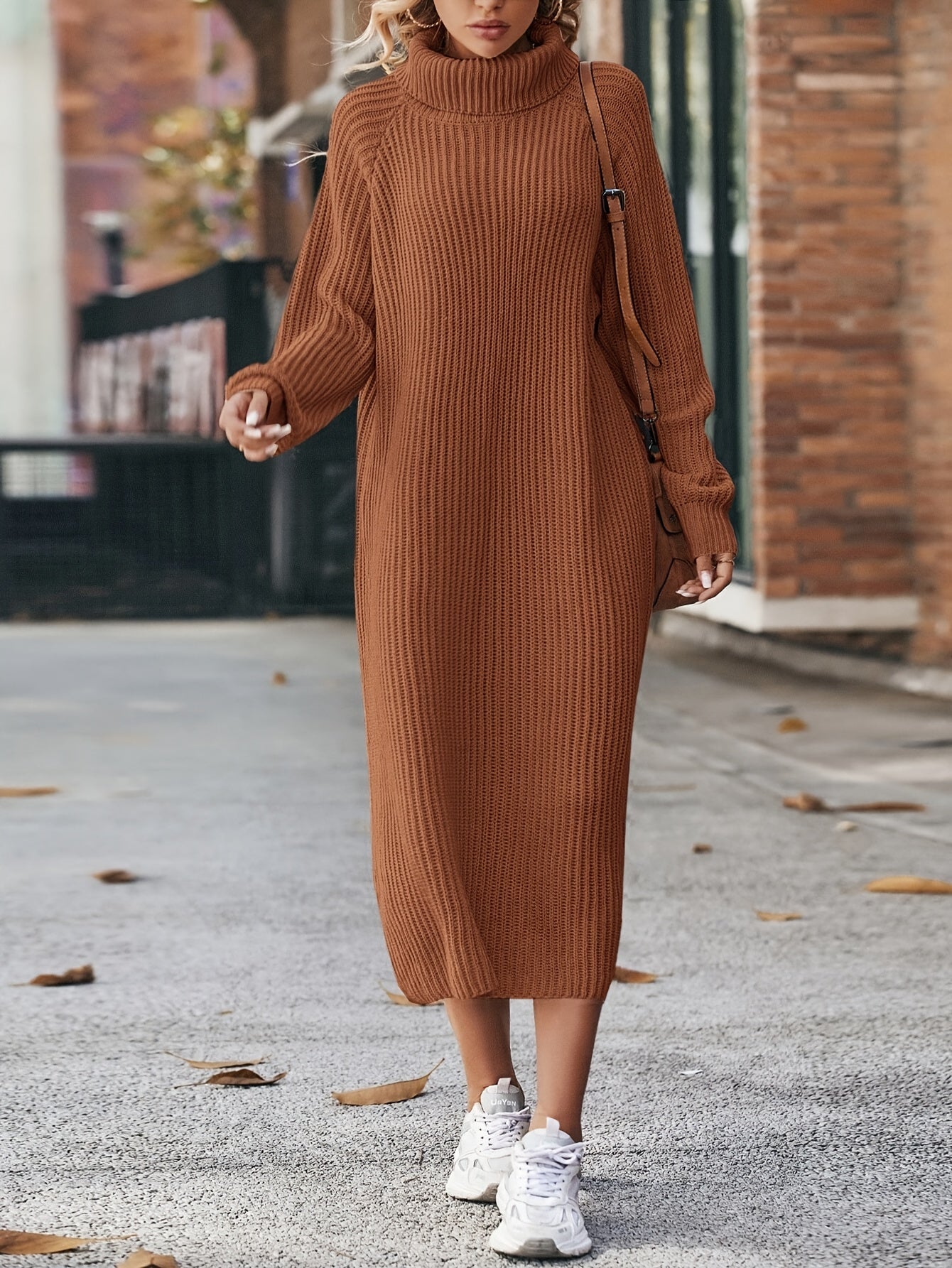 Robe pull longue femme en maille col roulé ample