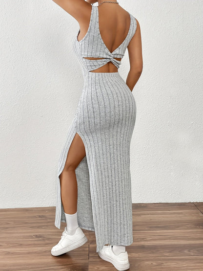 Robe longue dos nu femme en maille côtelée