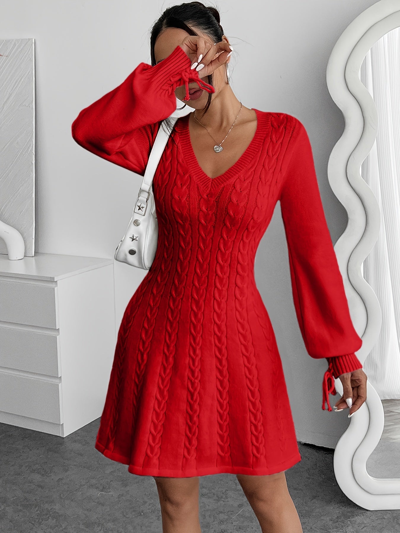 Robe pull hiver femme col V maille torsadée