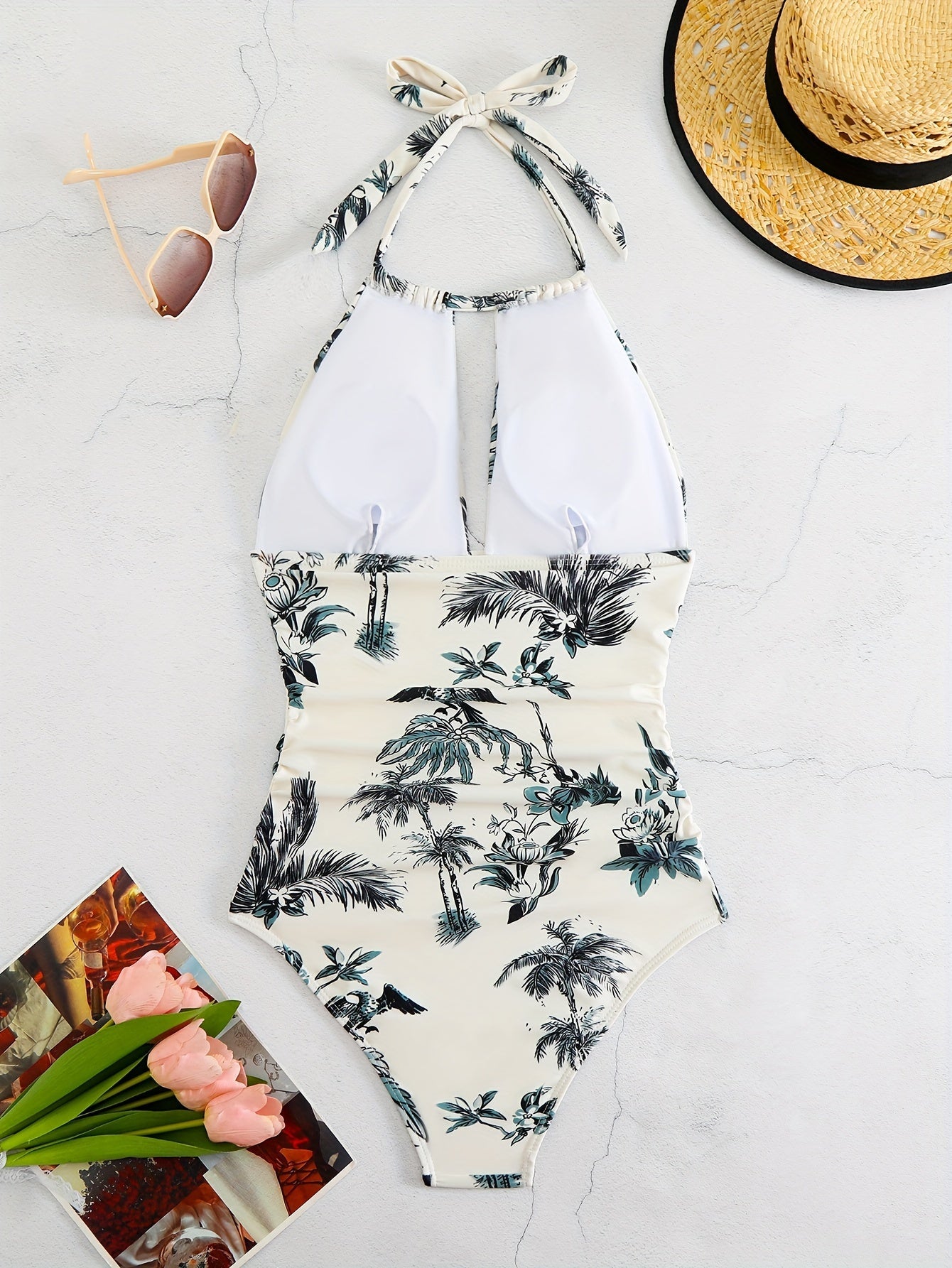 Maillot de bain 1 pièce femme fleuri à col noué dos nu