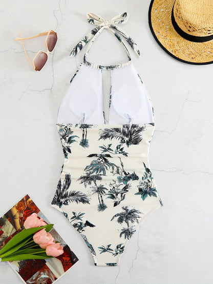 Maillot de bain 1 pièce femme fleuri à col noué dos nu